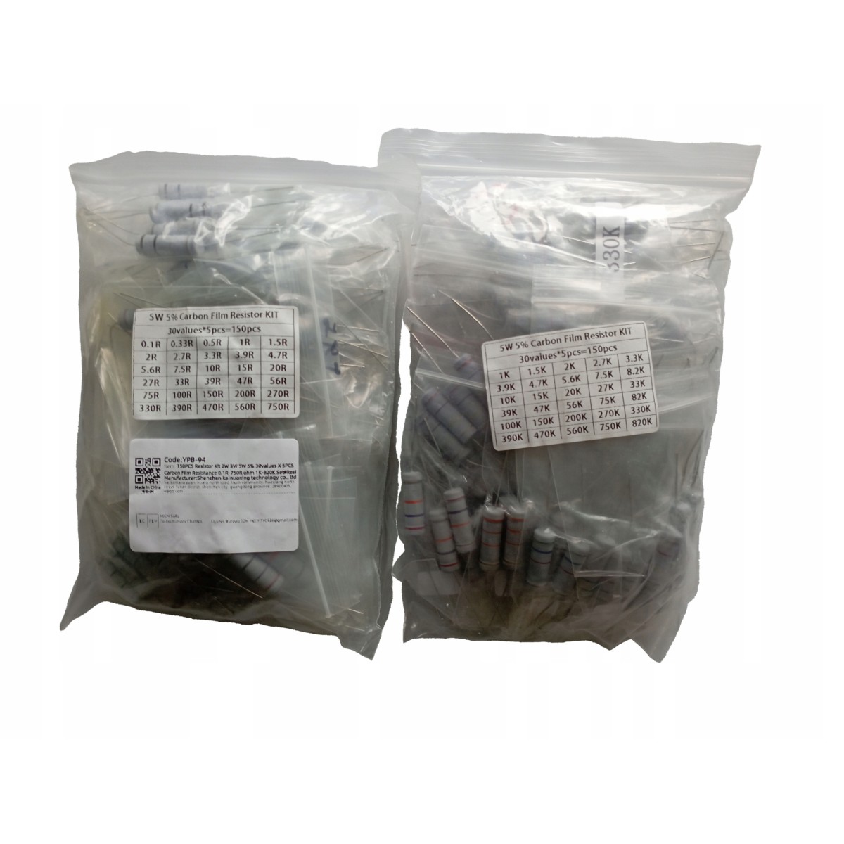 Set of high-power resistors: 5W, 5% tolerance, 300 pieces, 60 values ranging from 0 to 820 kΩ