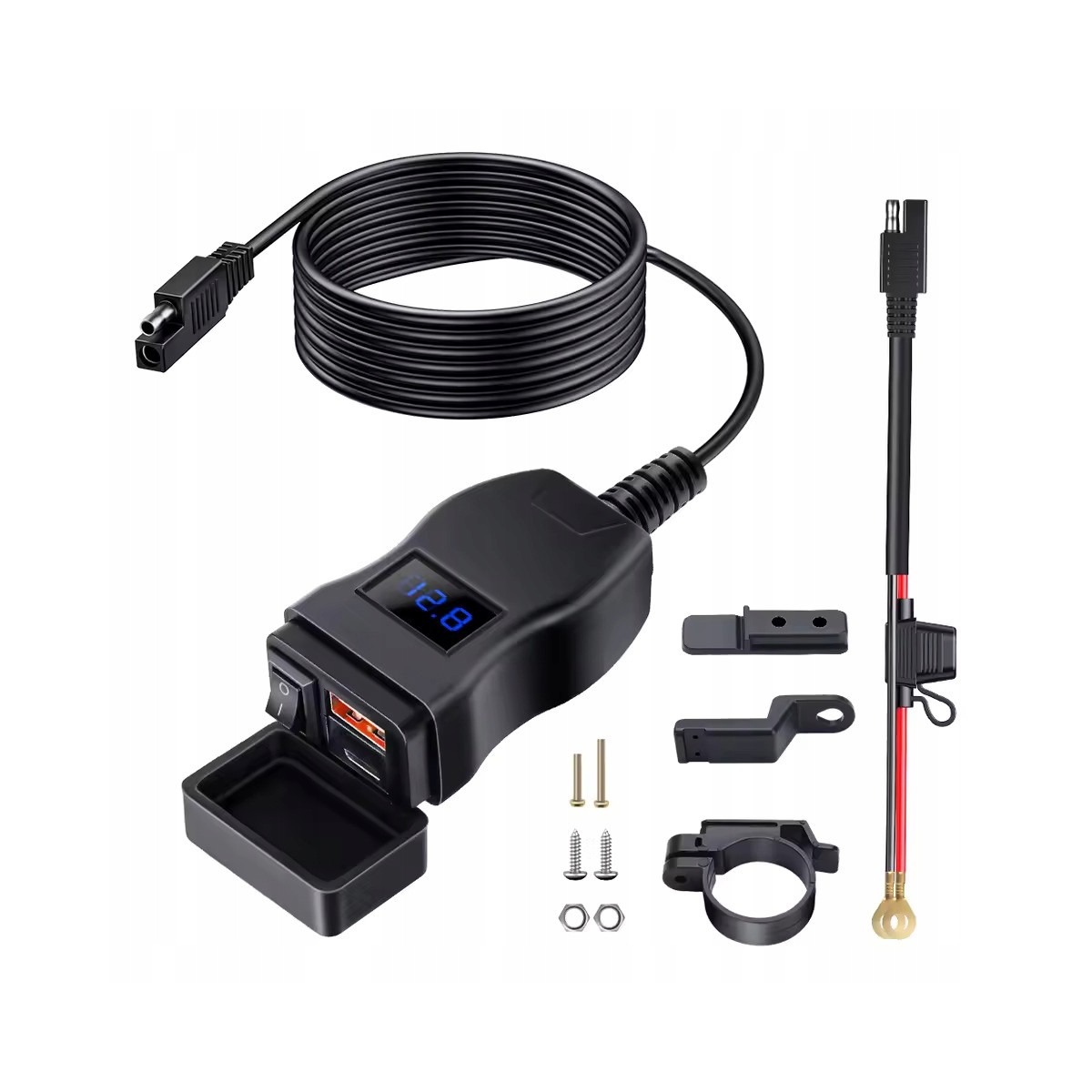 Waterproof USB QC3.0 & USB-C motorcycle charger with LED voltmeter