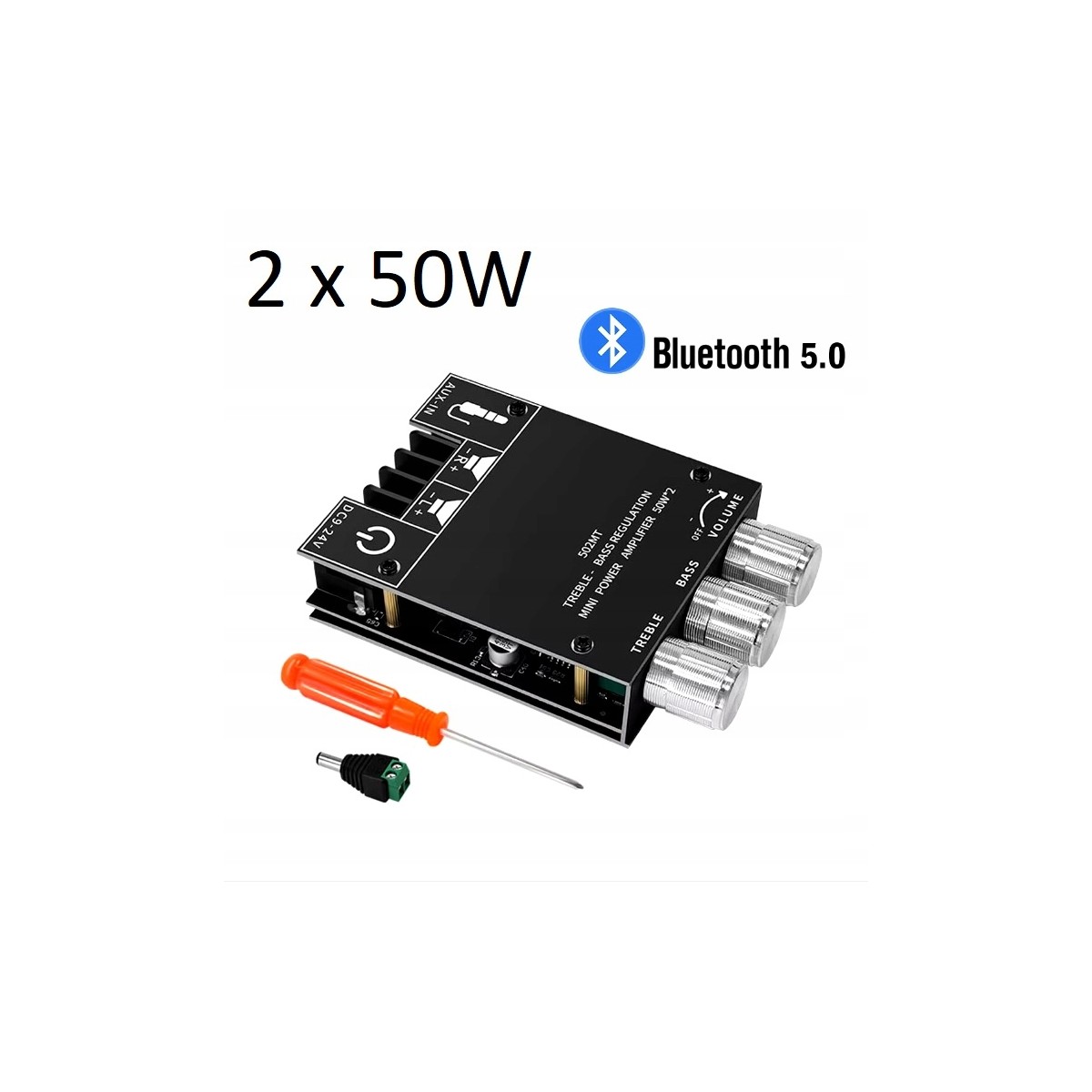 2 x 50W stereo amplifier with bass and treble controls and Bluetooth