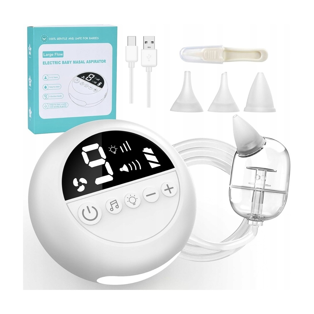 Electric nasal aspirator for babies, quiet, 3 tips, music, 9 positions.