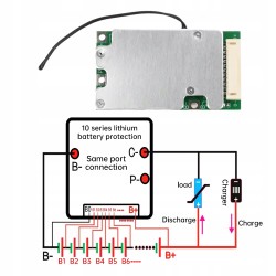 BMS module 10s 30A 18650 cells 36V 42V temperature sensor same charging port